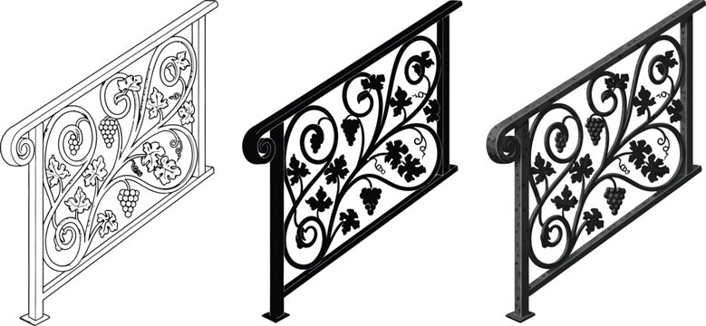 Set of ornate wrought iron railings with a classic grape vine motif ideal as a decorative architectural element or design asset