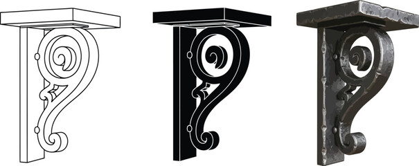 Set of decorative metal brackets featuring ornate scroll designs in outline silhouette and forged iron styles isolated on white for architec © Ahmad