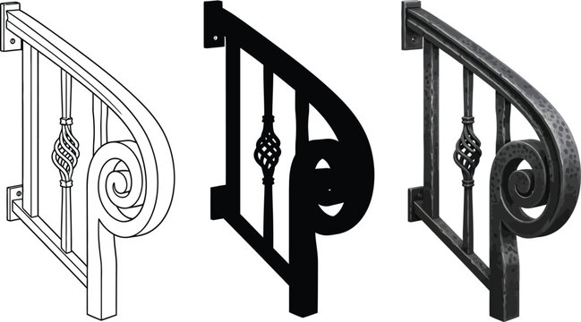 Ornate wrought iron handrail bracket set featuring elegant scrollwork and twisted balusters ideal for architectural design and home decor