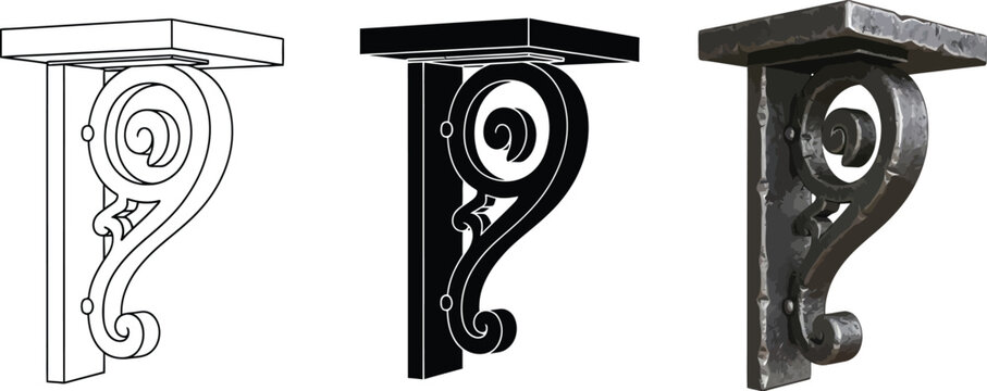 Set of decorative metal brackets featuring ornate scroll designs in outline silhouette and forged iron styles isolated on white for architec