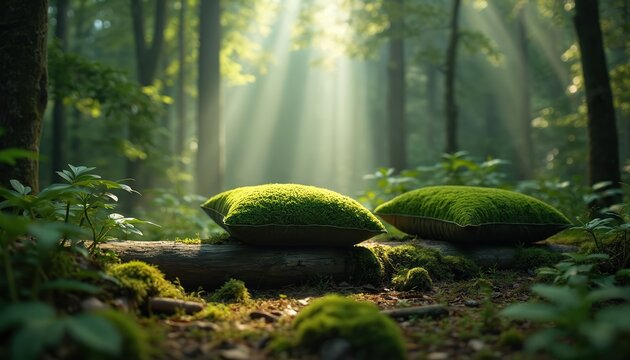 Two mossy pillows rest on forest floor log. Sunlight streams through green trees illuminating woodland scene. Natural, peaceful outdoor resting place. Perfect for serene nature concepts.