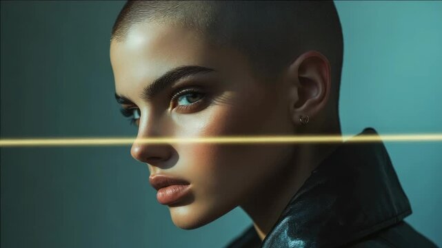 Portrait of a confident and stylish model with short hair, gazing into the distance.
