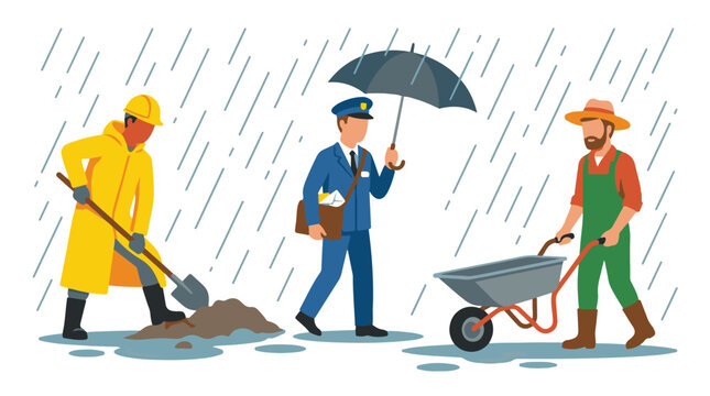 People working outdoors in various essential professions during rainy weather