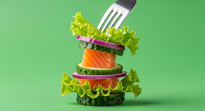Fork impales stack of salmon, veggies lettuce, cucumber, red onion, against a green backdrop
