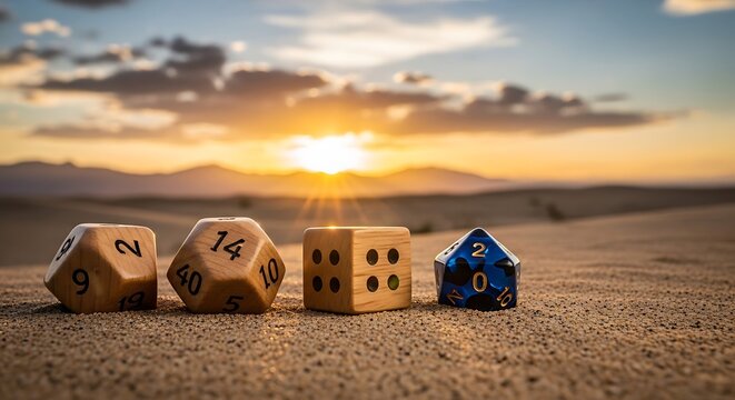 Four multi-sided dice resting in sand with a sunset, sun rays, and desert in the background