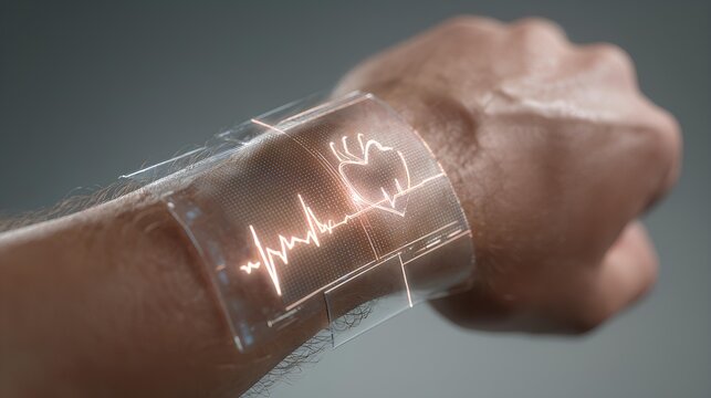 Ultra-thin transparent medical patch on human wrist with glowing heartbeat cardiogram, flexible wearable bio-sensor and smart health monitoring concept