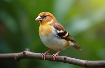 Obraz premium Small bird with brown white and orange plumage sits on a tree branch. This cute finch has a pink beak and black eyes. Its feathers are detailed. Green foliage creates a soft bokeh background.