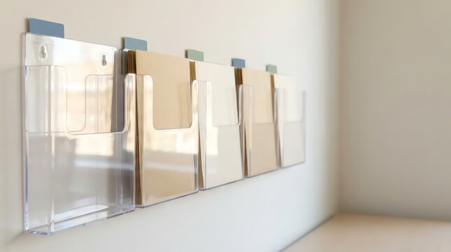 Clear acrylic wall file pockets with blank document folders and one empty intake slot in warm daylight with wide copy space for workflow filing organization and administrative process concepts