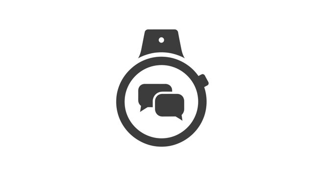A minimalist dark grey icon depicting a stylized grenade with two speech bubbles inside a central circle, set against a clean white background, symbolizing communication or chat.