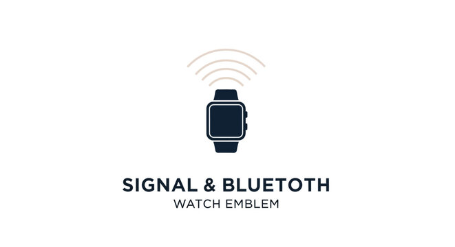 A minimalist illustration of a dark blue smartwatch emitting signal waves, with 'SIGNAL & BLUETOOTH WATCH EMBLEM' text below, set against a clean white background.