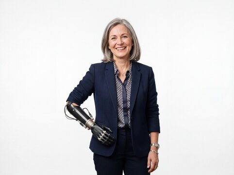 Professional Businesswoman with Bionic Prosthetic Arm Smiling Isolated on White Background. Generative AI