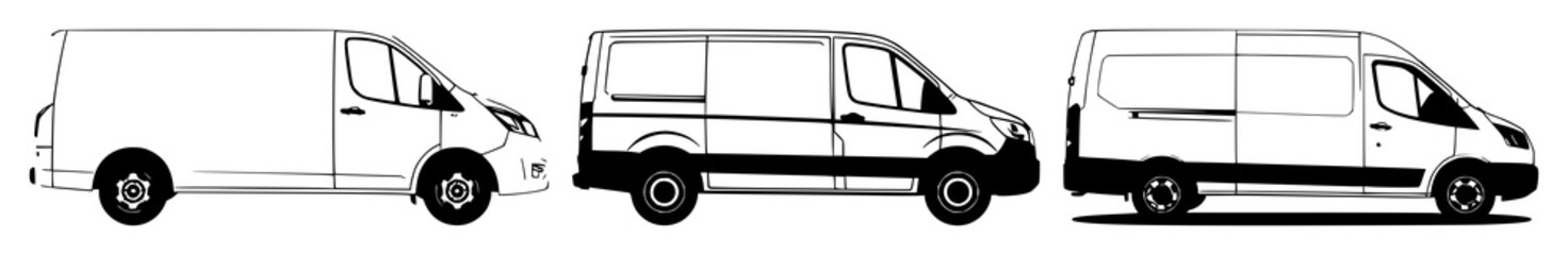 Commercial van icon set with a solid black fill and simple side view silhouette featuring automotive, vehicle, transportation with delivery van and cargo van © MdRonok