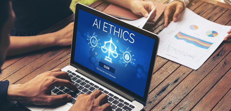 AI ethics responsibility standard law and rules on computer screen provide report of AI ethic transparency preventing technology crime. brisk