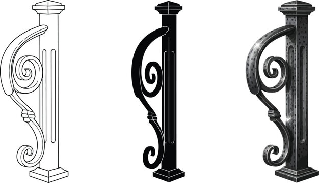 Decorative wrought iron railing post with ornate scroll design presented in line art silhouette and textured styles for architectural projec