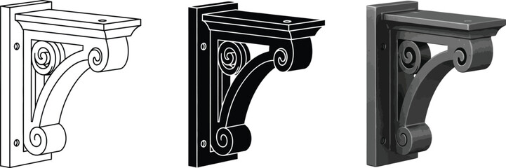 Classic ornate architectural bracket featuring elegant scrollwork in line art silhouette and grayscale vector styles isolated for design pro © Ahmad