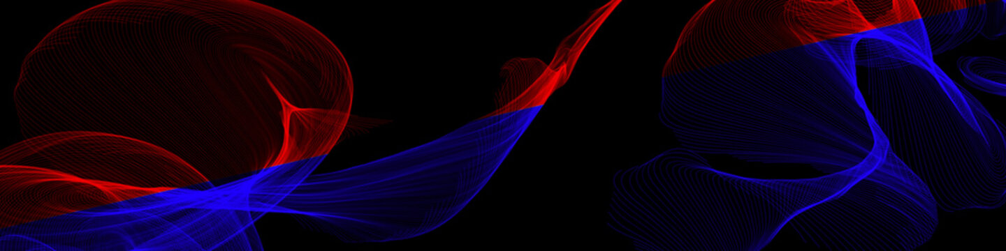 Abstract vibrant red and blue flowing silk lines create a dynamic wave pattern against a deep black void background space