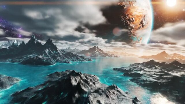 Cosmic landscape with planet and mountains in space exploration concept