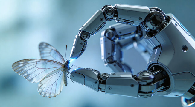 Advanced robotic hand gently interacting with a translucent butterfly, concept of delicate automation and bionic precision, futuristic technology and nature harmony, metallic robot arm and fragile ins