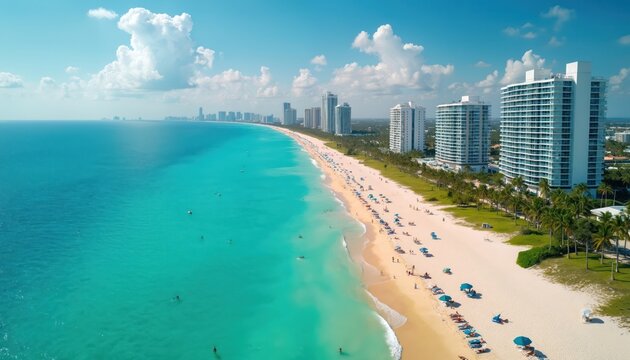 Wide aerial view of Miami Beach coastline, turquoise water, sandy shore with people relaxing, palm trees line green grass. High rise hotels and condos form city skyline.