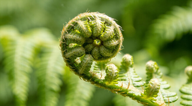 Macro shot of a vibrant green fern fiddlehead unfurling, Fibonacci spiral in nature, soft fuzzy texture on a young fern frond, spring growth and botanical renewal in a sunlit forest.