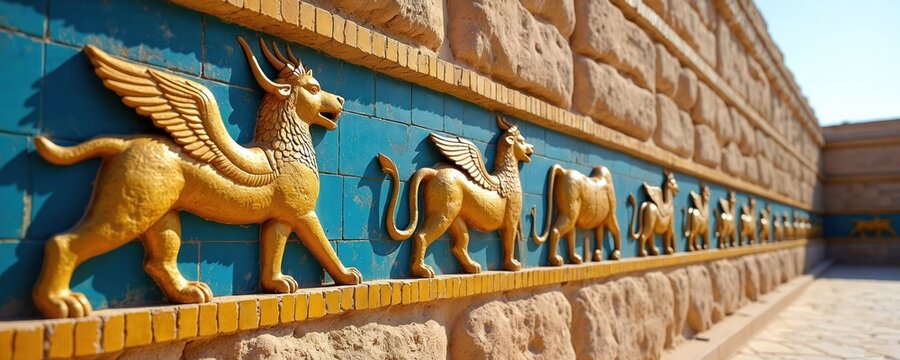 Golden mythological creatures adorn weathered stone wall with blue glazed tiles. Majestic winged lions, bulls, and dragons feature in ancient Mesopotamian relief art, symbolizing culture and heritage.
