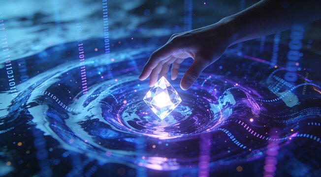 Man reaching for a glowing digital diamond in a vortex of blue data ripples, cryptocurrency mining and blockchain concept, futuristic cyber technology, high-speed data processing and NFT creation.