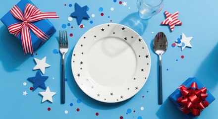 Obraz premium Festive fourth of july table setting with patriotic decorations and empty plate