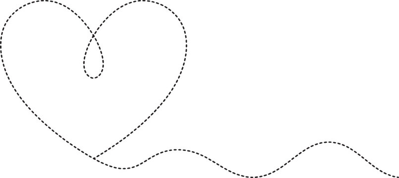 Dashed heart shape with long wave tail and small loop detail in black color on grid background for romantic theme layouts and decorative finishing.
