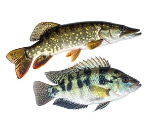 Fototapeta premium Two different fish isolated against a clean white backdrop. One is long and slender with spotted skin; the other has striped markings
