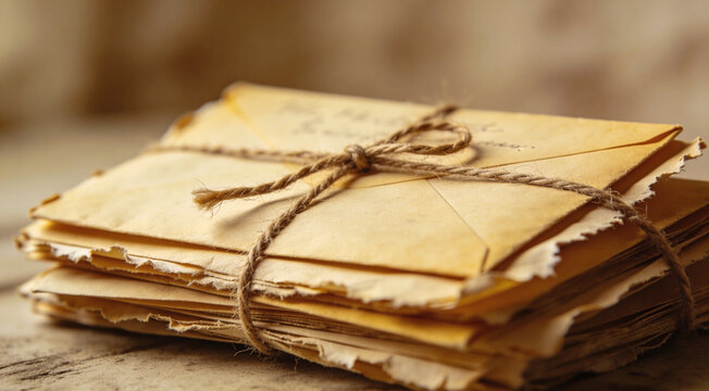 Stack of vintage old letters tied with twine, aged yellow paper with deckle edges, nostalgic antique mail on a wooden surface, history and heritage concept, bundle of sentimental love letters.