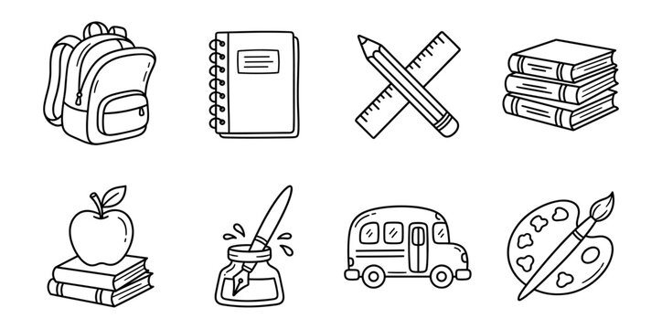Back to School Education Line Art Icons Set - Hand Drawn Doodle School Supplies and Learning Tools for Student Marketing and Classroom Design