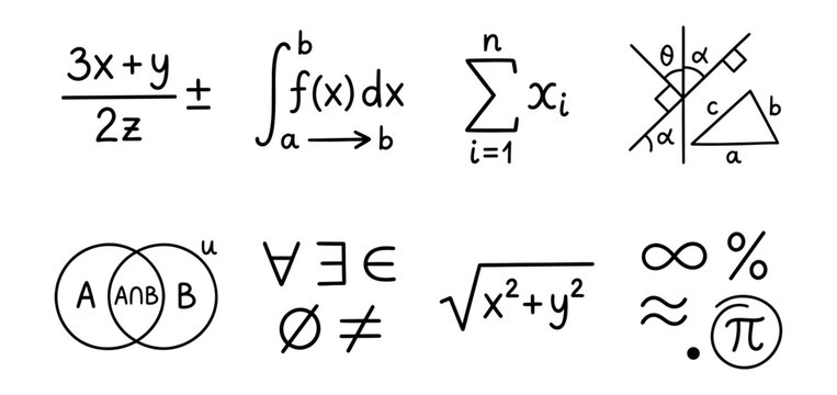 Hand-Drawn Mathematical Equations and Scientific Symbols on White, Vector Illustration for Education, STEM Learning, Problem-Solving, and Analytical Marketing or Branding Concepts