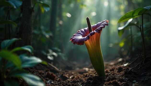 Giant Arum lily bud emerges from rainforest soil. Rare jungle flower unique dark purple, green structure. Light rays filter through green foliage, illuminating plant. Spooky appearance fascinating.