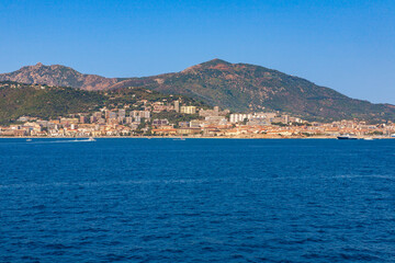 Fototapeta premium Ajaccio is the capital and largest city of Corsica island, a French commune, prefecture of the department of Corse-du-Sud. Panoramic view of the city of Ajaccio and its ports in the morning.