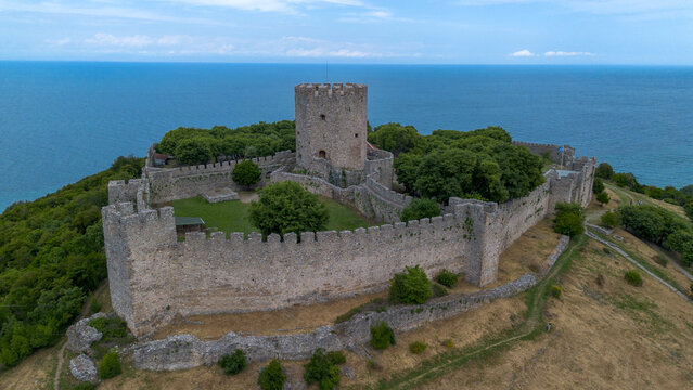 Aerial view of the medieval Castle of Platamon overlooking the Aegean Sea, Pieria, Greece.