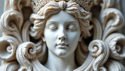 Obraz premium Stone sculpture of woman face serene expression, detailed ornate carving. Classical art form, ancient temple decor, museum exhibit, feminine beauty. Female statue.