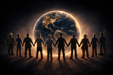 Naklejka premium Diverse group of people holding hands facing a glowing earth in the darkness