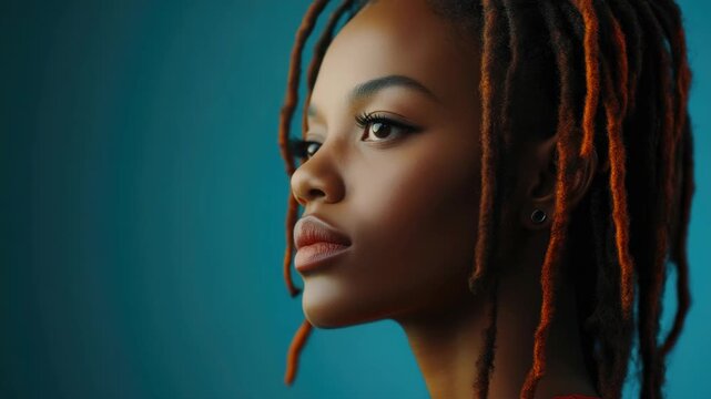 African american female with red dreadlocks against blue background.