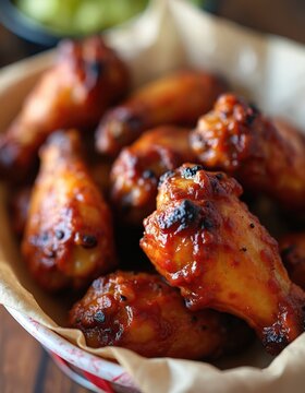 Close-up view of succulent grilled chicken wings coated in savory barbecue sauce. Perfect appetizer for game day parties casual backyard gatherings, ready to devoured. Delicious food photography.