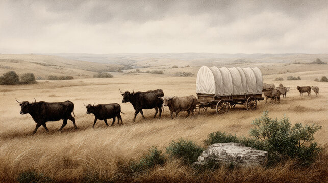 Pioneer Day. Oxen pulling a covered wagon train across an expansive, dry grassy plain, representing the iconic migration challenging the American frontier and the spirit of pioneering