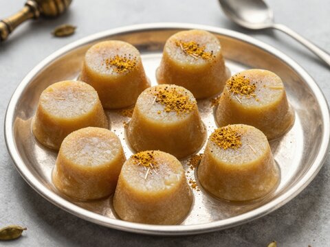 Coconut sugar peda on silver platter, sugar free Indian milk sweet, healthy festive delicacy