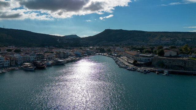 Aerial View of Old Foca Harbor and Town with Fishing Boats and Aegean Sea in Izmir Turkey