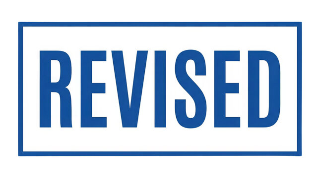 A sign that reads "REVISED" in bold blue letters against a white background