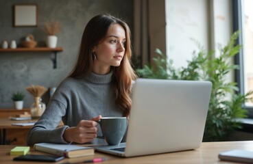 Fototapeta premium Young woman sits at desk working on laptop. She holds coffee mug thinking and looking away. Home office setting with plants visible outside window. Productive lifestyle choice.