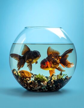 Two fancy goldfish in a clear glass bowl, submerged in water, against a light blue backdrop. Underwater life displayed