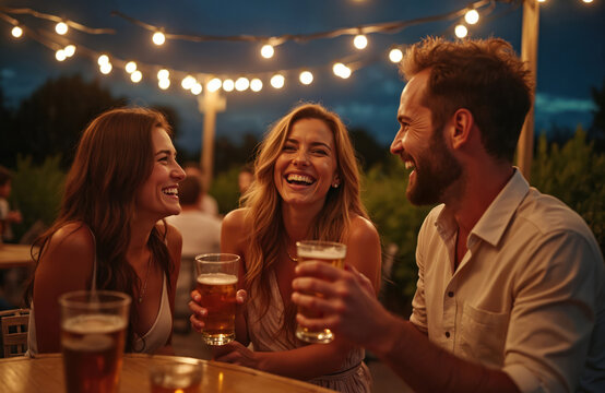 Three friends laugh and talk with drinks on a rooftop at night. String lights illuminate their cheerful gathering. They enjoy beverages, company, and outdoor urban nightlife.
