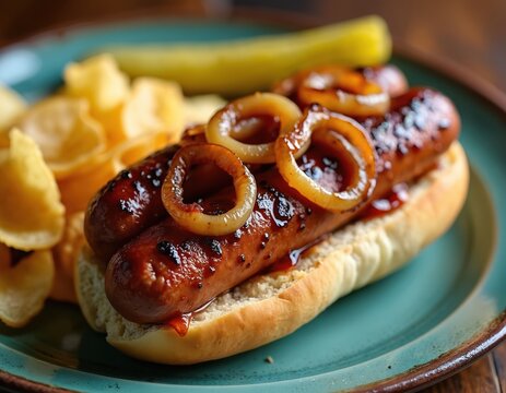 Polish sausage kielbasa on Italian bread with grilled onions and potato chips. The savory snack is served with a pickle spear on a teal plate.