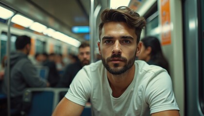 Fototapeta premium Man sits in crowded subway car facing forward. People around him are blurred, focusing attention on his thoughtful expression. He looks directly at camera during his commute.