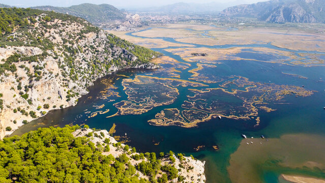 High Angle Aerial View of Iztuzu Turtle Beach and Dalyan Delta with Turquoise Sea and Mountains in Mugla Turkey