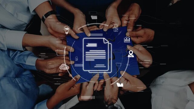 A diverse group of people collaborating over a document with digital icons showcasing connectivity and analysis, symbolizing teamwork in a modern business setting. Raster
